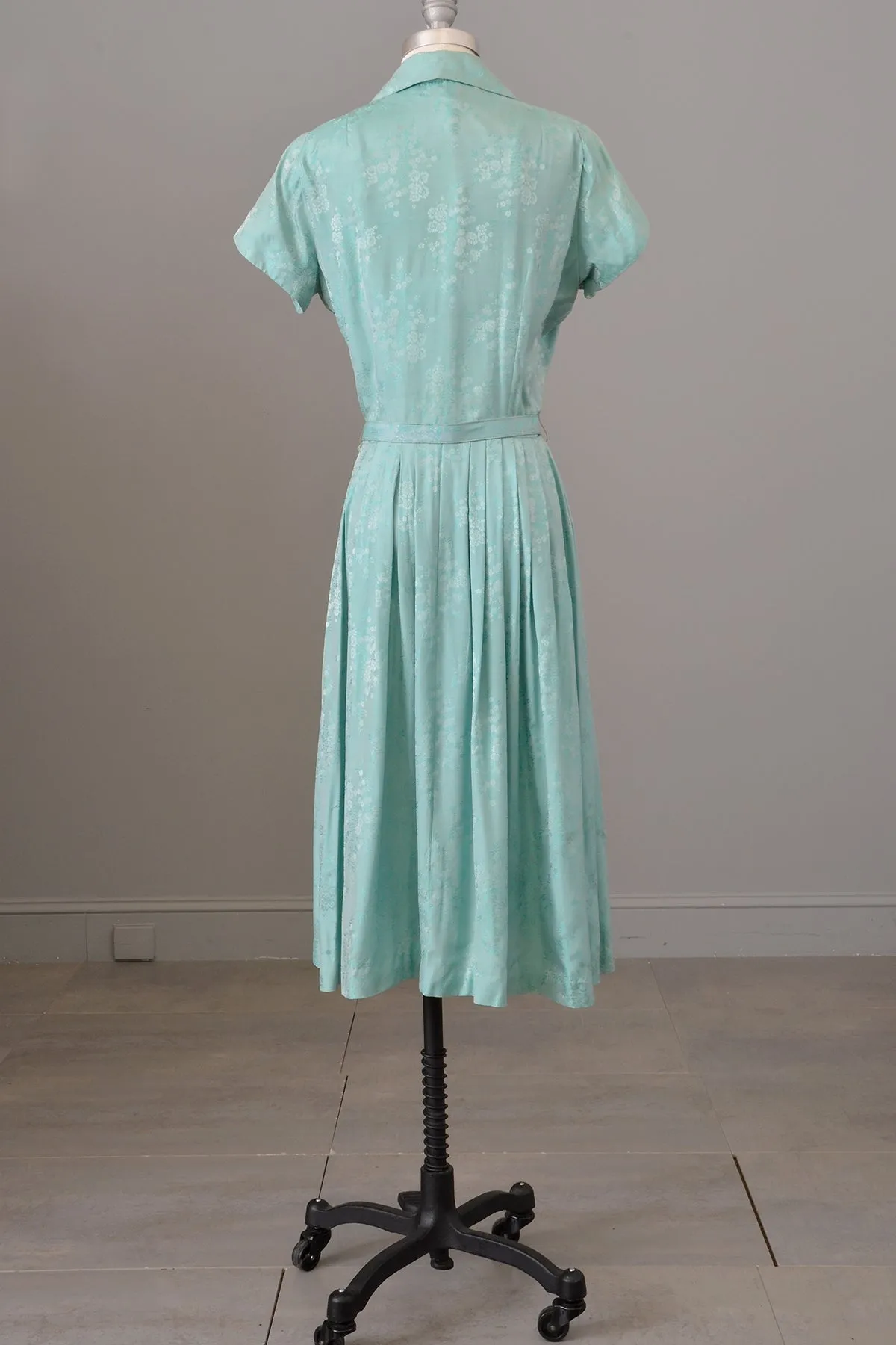 1950s Aqua Blue Jacquard Fit and Flare Shirtwaist Dress