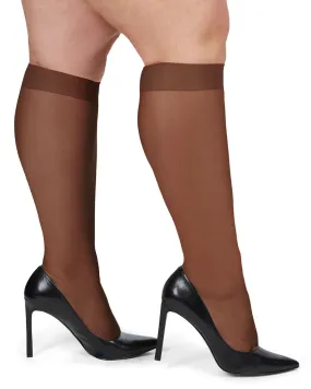 2 Pairs Ultra Sheer Plus Size Curvy Knee High Stockings | French Coffee