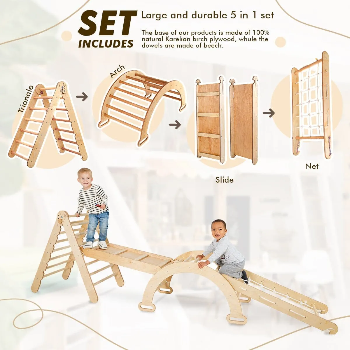 4in1 Montessori Climbing Frame Set: Triangle Ladder   Arch/Rocker   Slide Board/Ramp   Netting Rope