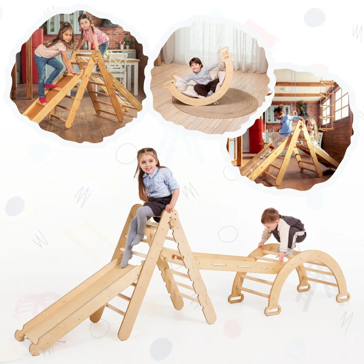 4in1 Montessori Climbing Frame Set: Triangle Ladder   Arch/Rocker   Slide Board/Ramp   Netting Rope