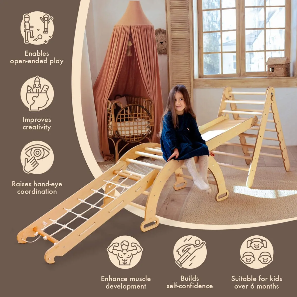 4in1 Montessori Climbing Set: Triangle Ladder   Arch/Rocker   Slide Board/Ramp   Climbing Net | Beige