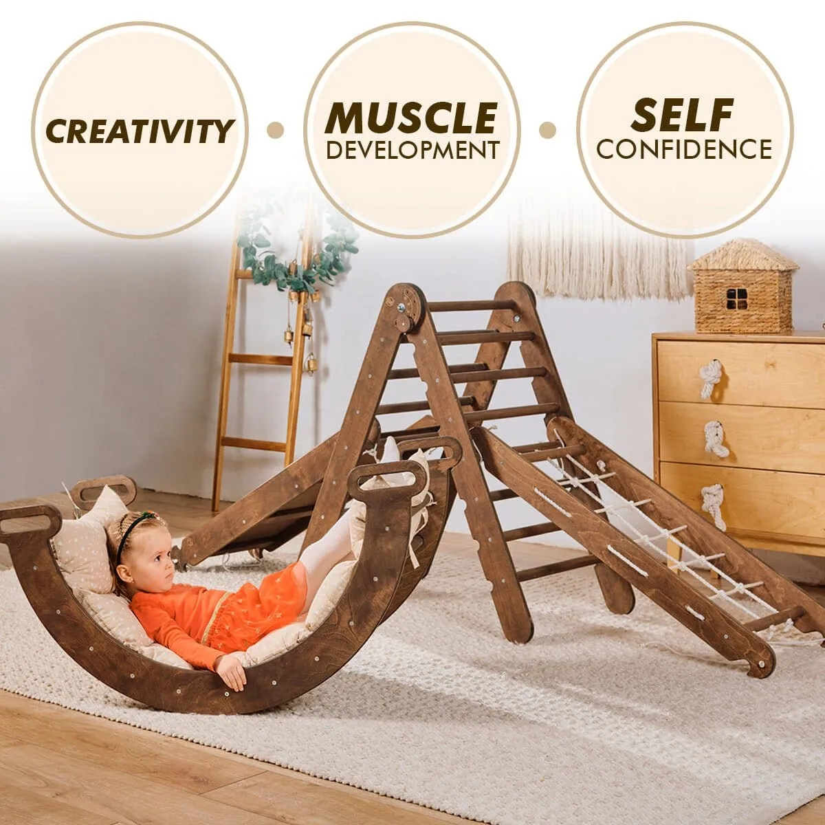 5in1 Montessori Climbing Set: Triangle Ladder   Arch/Rocker   Slide Board/Ramp   Net   Cushion | Chocolate