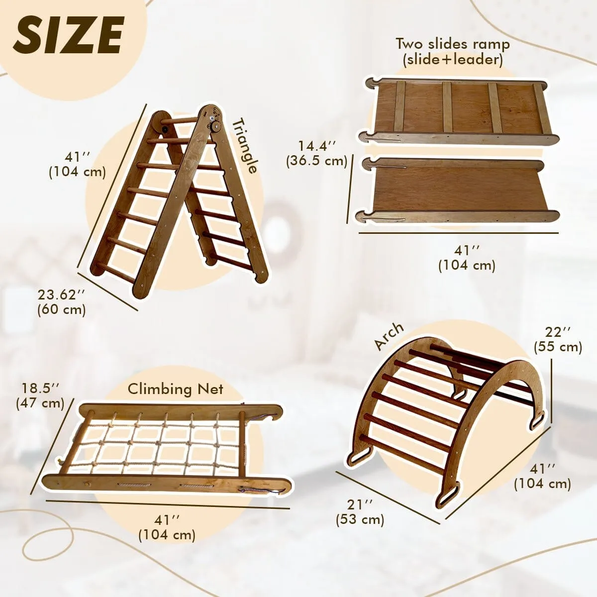 5in1 Montessori Climbing Set: Triangle Ladder   Arch/Rocker   Slide Board/Ramp   Net   Cushion | Chocolate