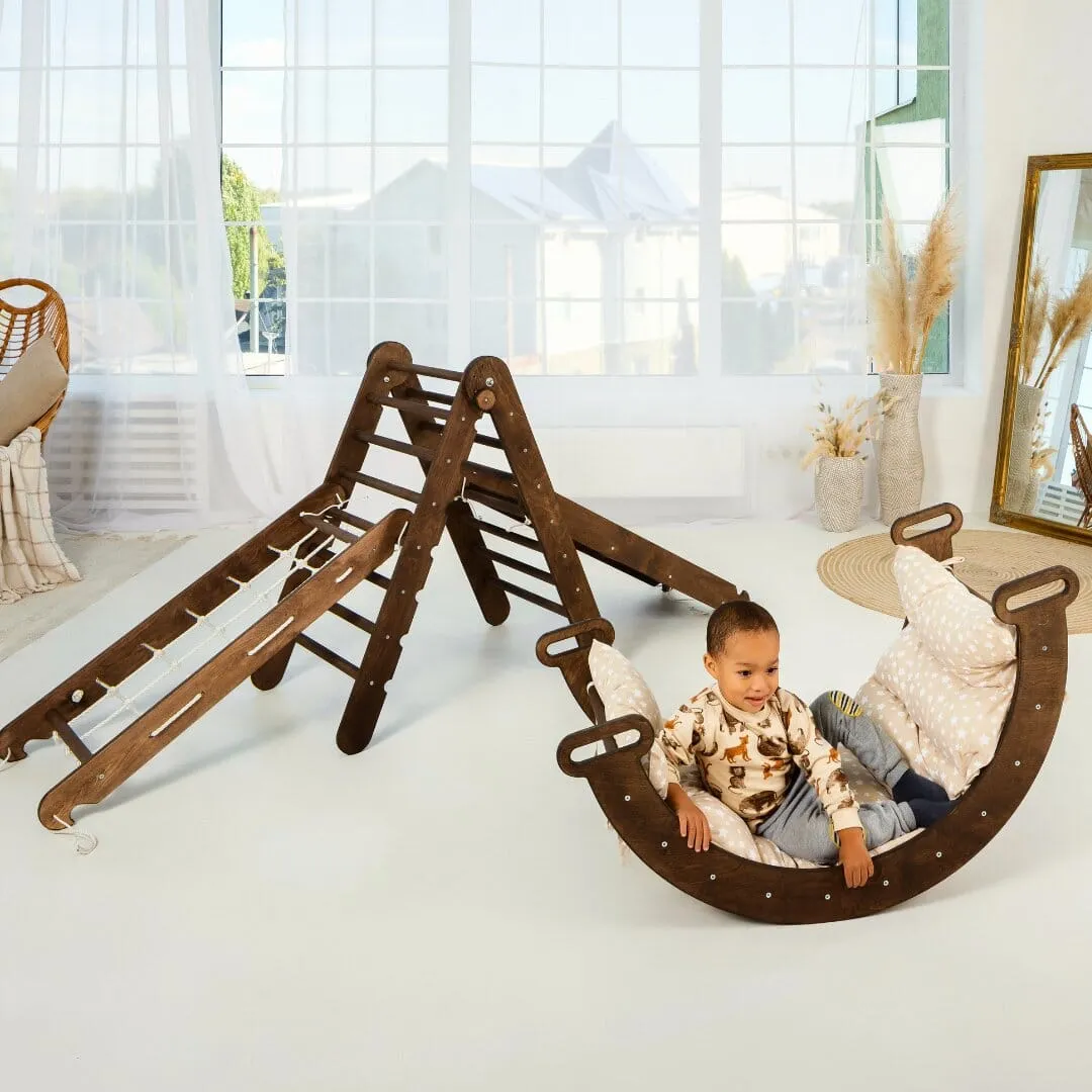 5in1 Montessori Climbing Set: Triangle Ladder   Arch/Rocker   Slide Board/Ramp   Net   Cushion | Chocolate