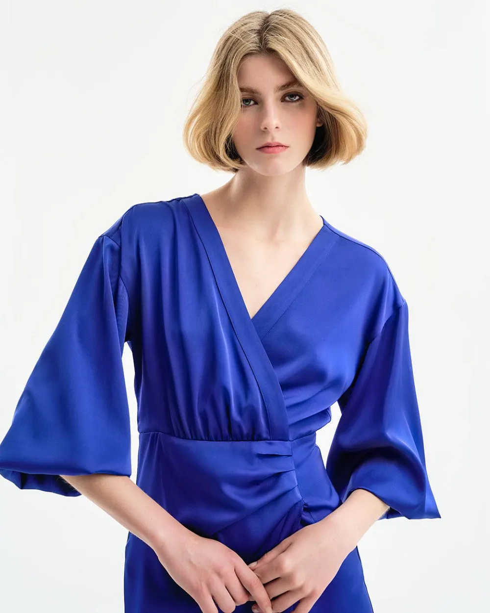 Access Fashion Blue Wrap Midi Satin Dress With Pleats