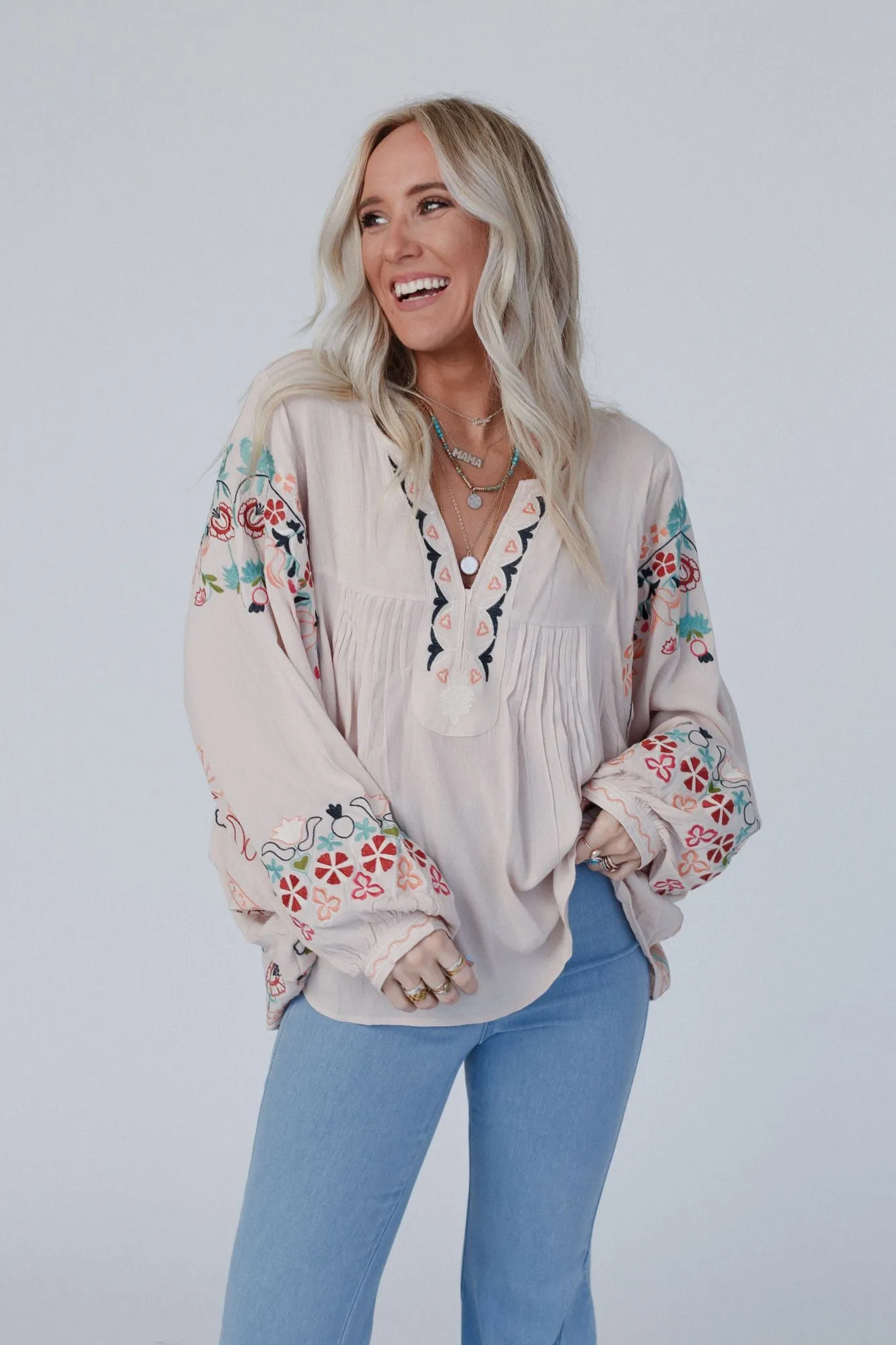 Frida Embroidered Dolman Sleeve Top - Taupe