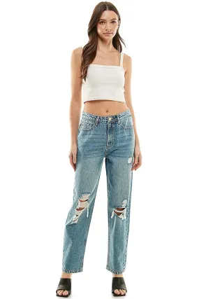 HIGH RISE RIPPED SLIM STRAIGHT JEANS