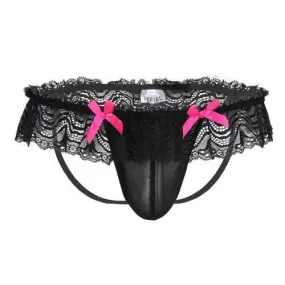 JCSTK - Mens Femme IF-16249126 Satin and Lace Pouch Jockstrap Panties Black