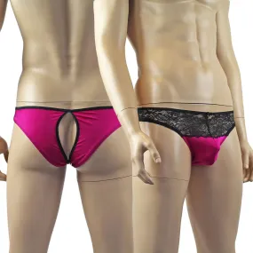 Mens Glamour Lace & Spandex OPEN BACK Capri Brief, Male Panties (raspberry & black plus other colours)