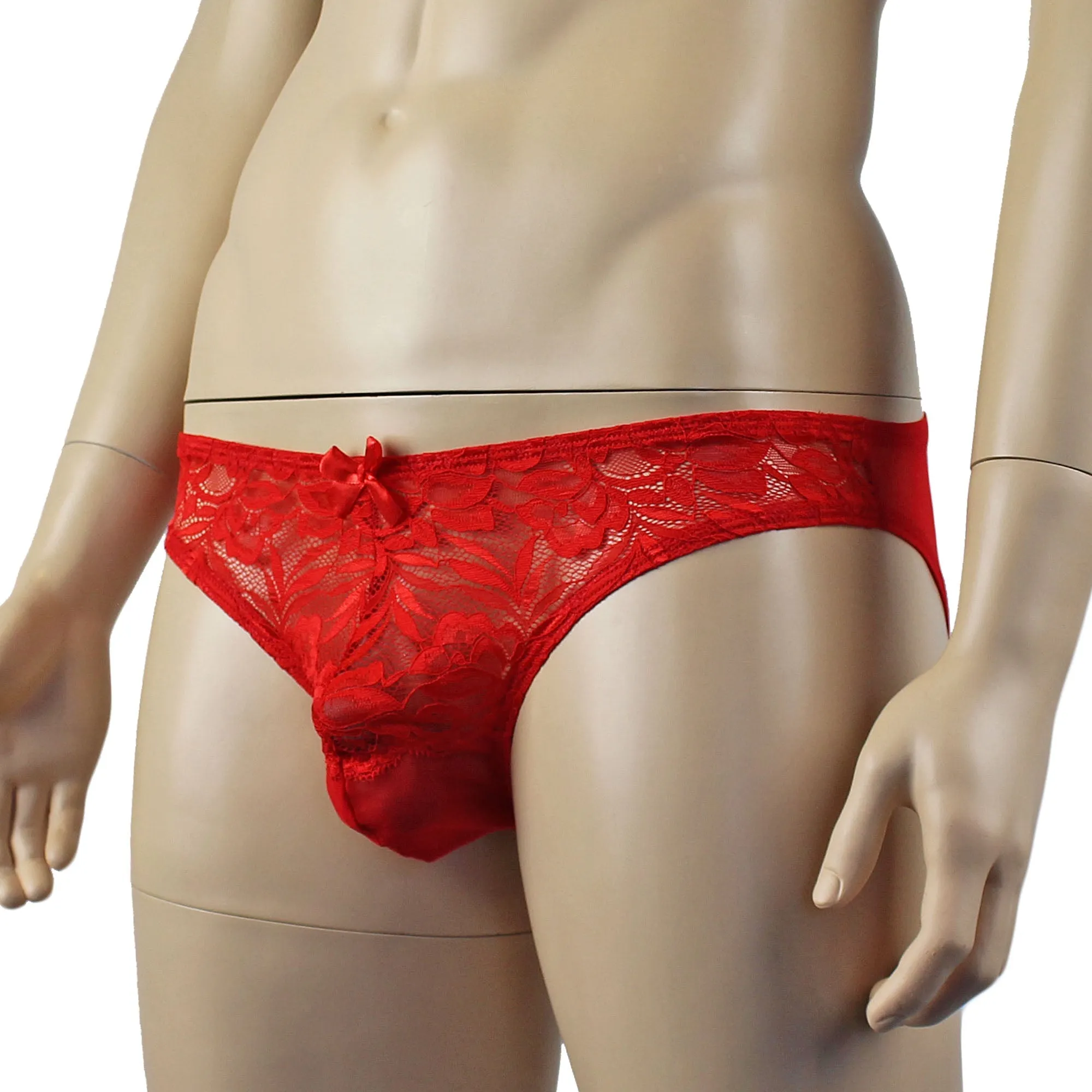 Mens Kristy Sexy Lace Bikini Brief Panties with See through Back Red