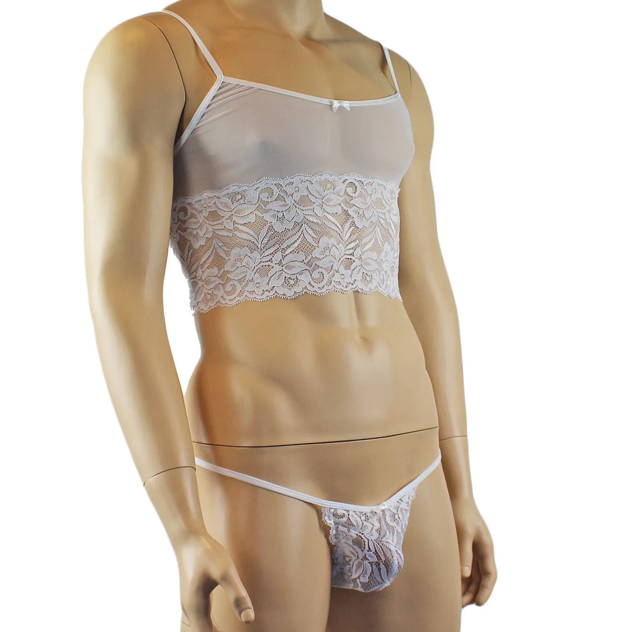 Mens Kristy Sexy Lace Camisole Top and Male Panties White