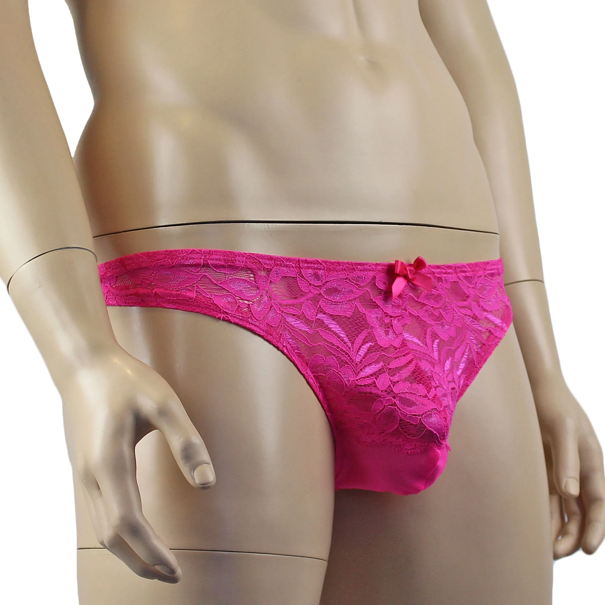 Mens Kristy Sexy Lace Thong Panties with Stretch Mesh Back Hot Pink