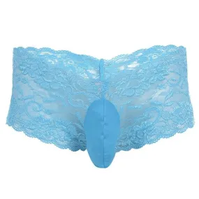 Mens Sissy Lingerie Floral Lace See-through Briefs Panties with Sheath Front Sky Blue