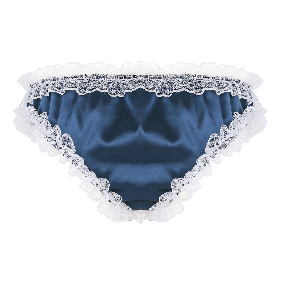 Mens Sissy Satin Panty Bikini Brief, Male Lingerie Dark Blue and White Lace