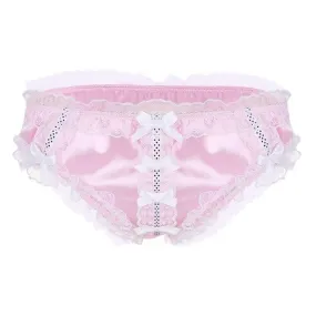 Mens Sissy Satin Panty Bikini Brief, Male Lingerie Pink and White Lace