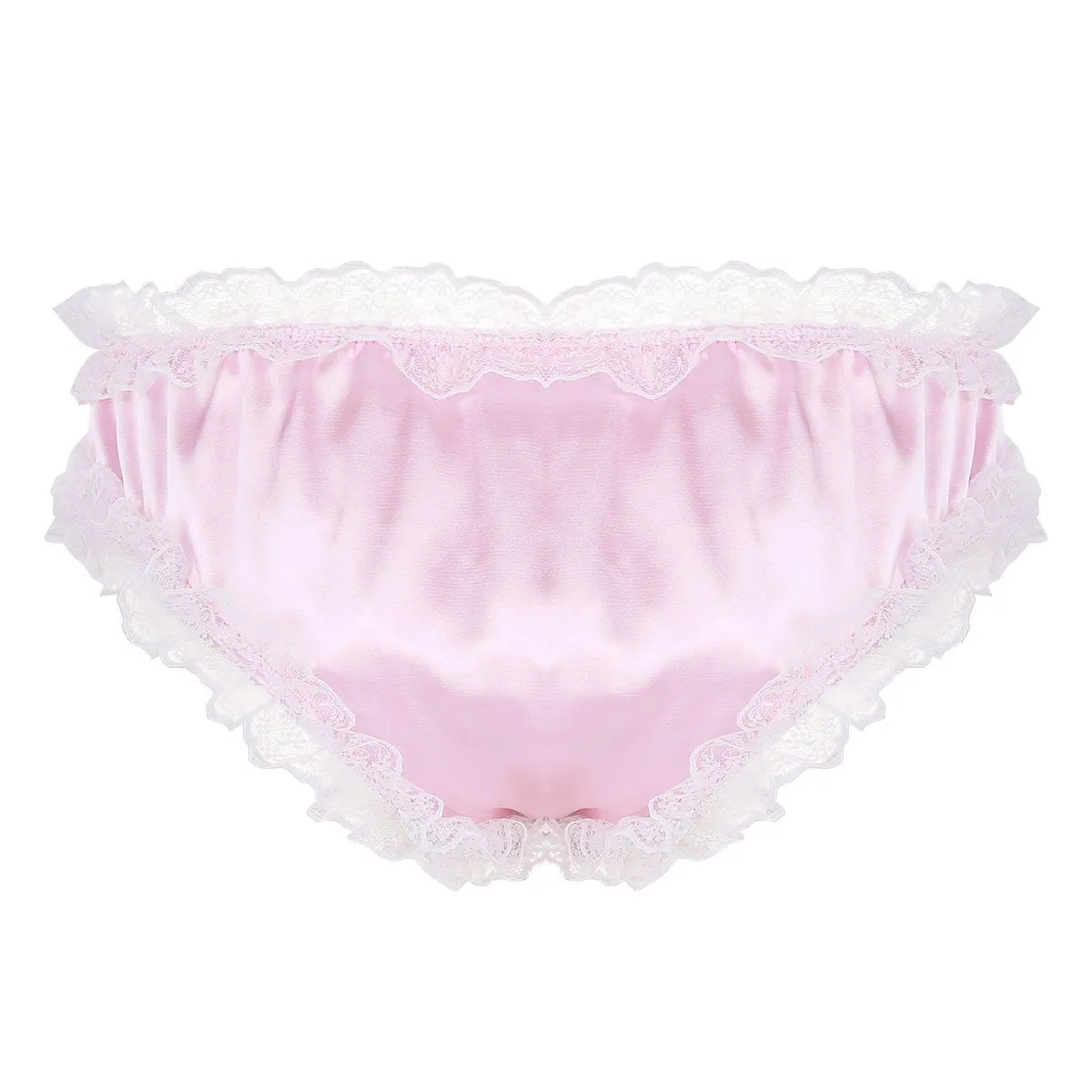 Mens Sissy Satin Panty Bikini Brief, Male Lingerie Pink and White Lace