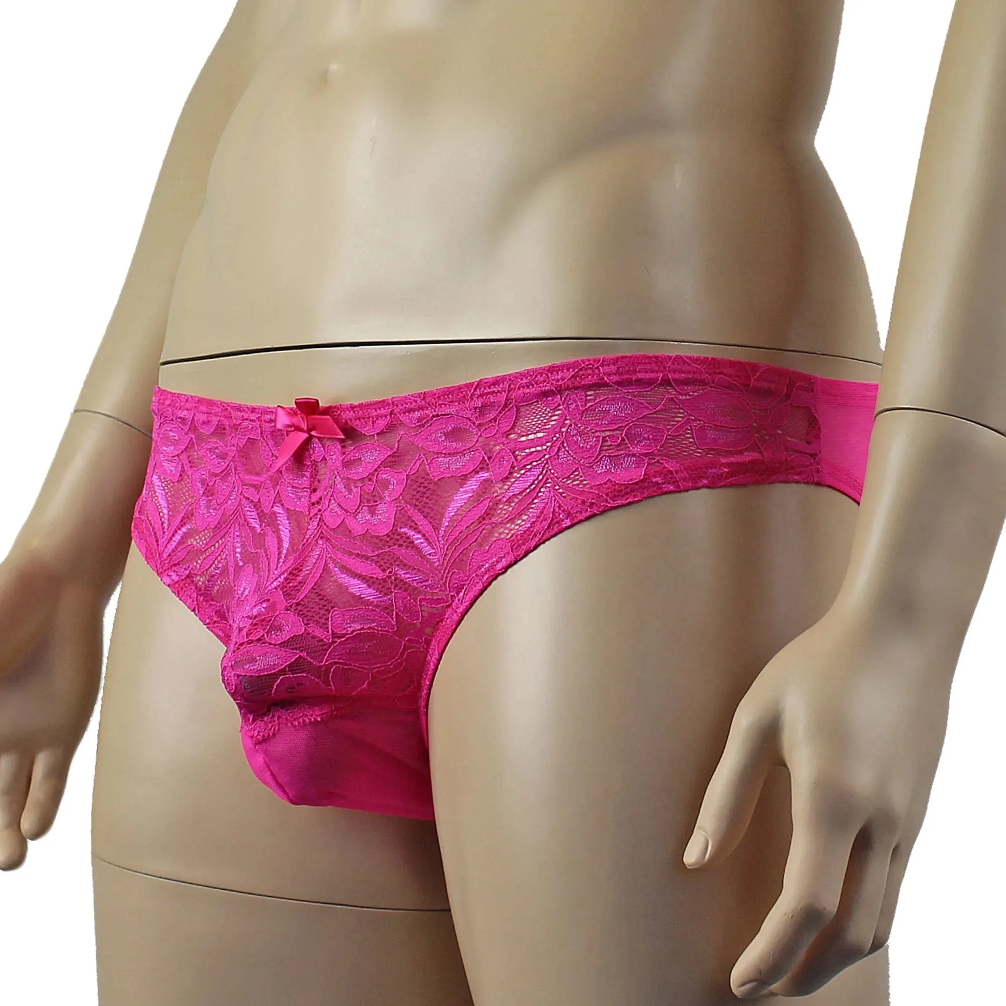 SALE - Mens Kristy Sexy Lace Bikini Brief Panties with See through Back Hot Pink