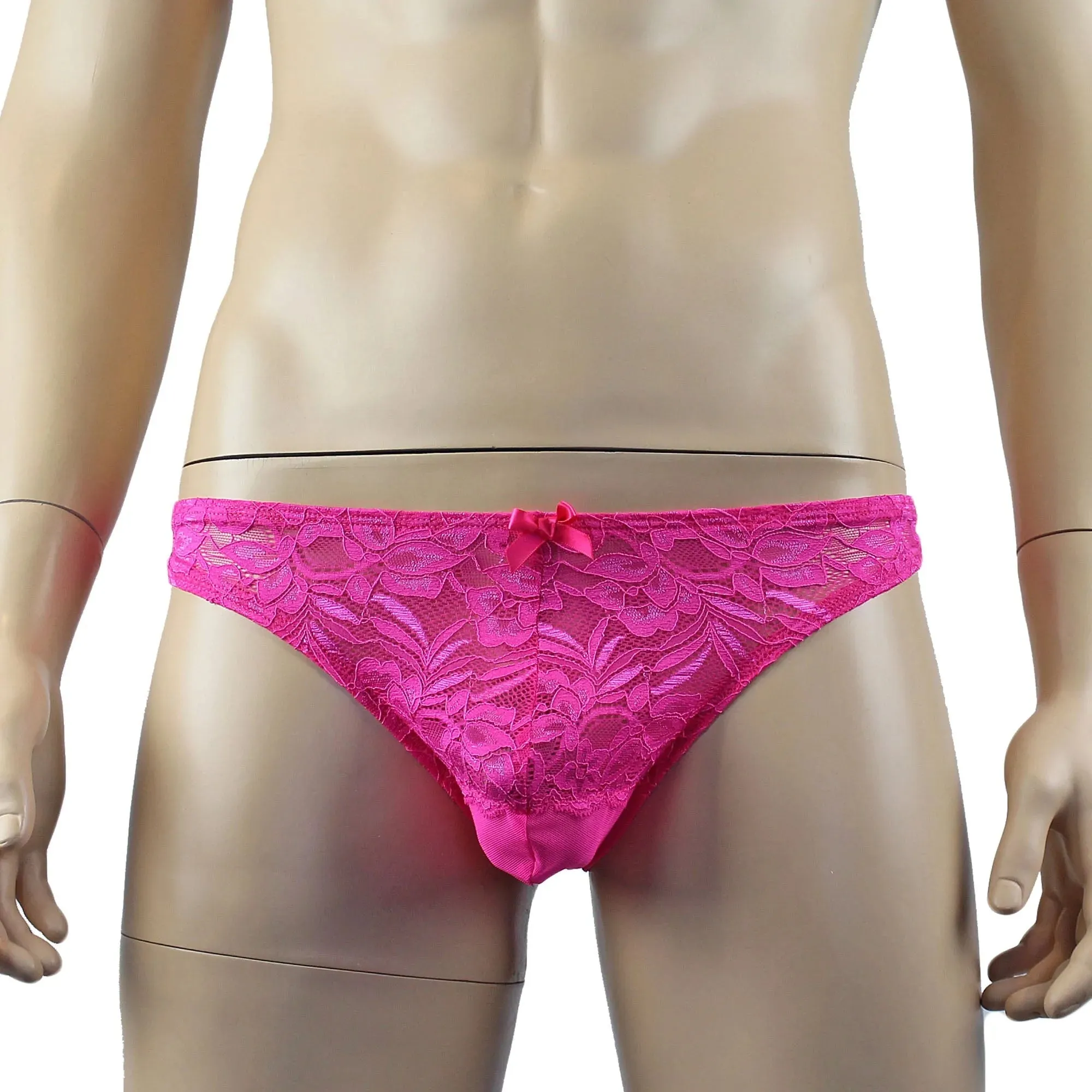 SALE - Mens Kristy Sexy Lace Thong Panties with Stretch Mesh Back Hot Pink