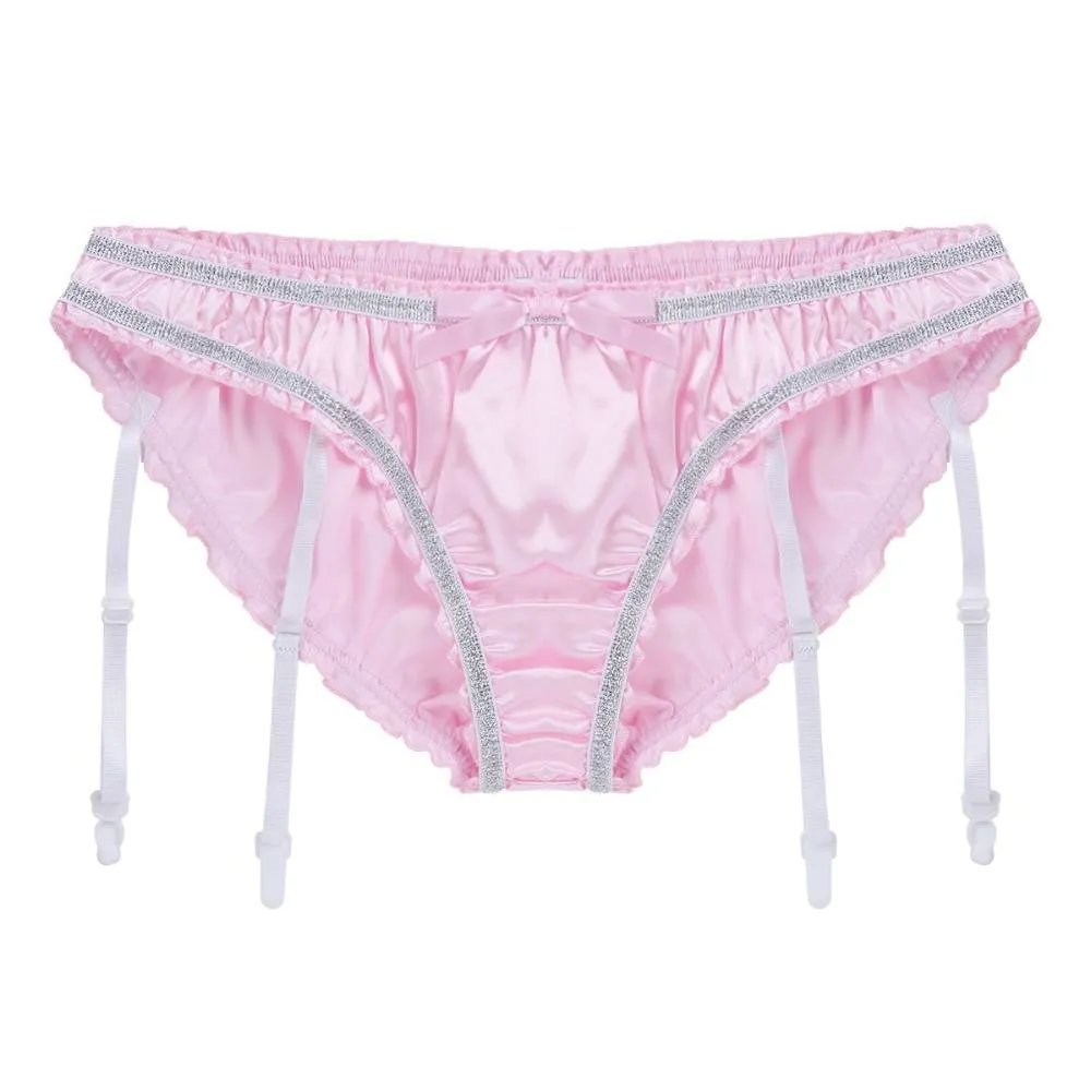 Sexy Mens Lingerie Panties Sissy Satin Panties with Detachable Garters Pink