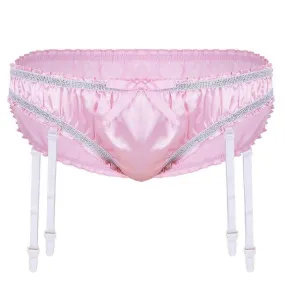 Sexy Mens Lingerie Panties Sissy Satin Panties with Detachable Garters Pink