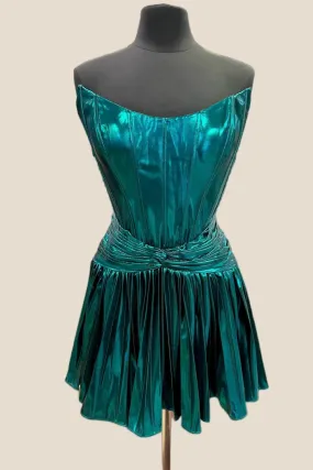 Strapless Blue Metallic Pleated A-line Short Dress